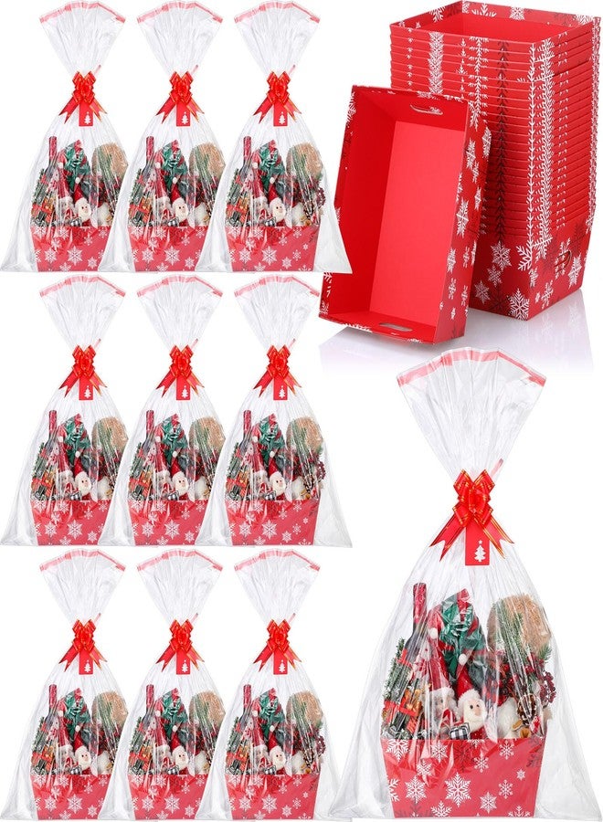 Cholemy Large Snowflake Gift Baskets Empty for Gifts to Fill 10 x 12 Inch Red Winter Cardboard Baskets with Transparent Bags Red Bows and Tags Sets for Winter Valentines Day Party Decorations(12 Set) - Image 1